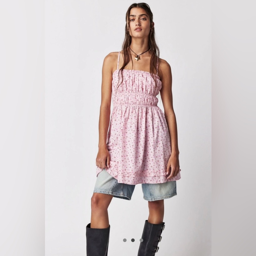 Free People Women’s Cotton Mini Cherry Dress Pink Prairie Small Cottagecore